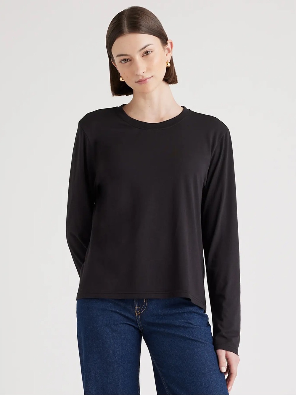 Quince Cotton Modal Relaxed Long Sleeve Tee Black Top Size XS Small